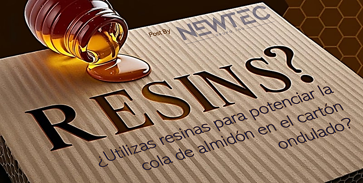 Resina líquida cayendo sobre una superficie de cartón corrugado con la palabra “RESINS?” destacada, promoviendo el uso de resinas para mejorar la formulación de la cola de almidón.